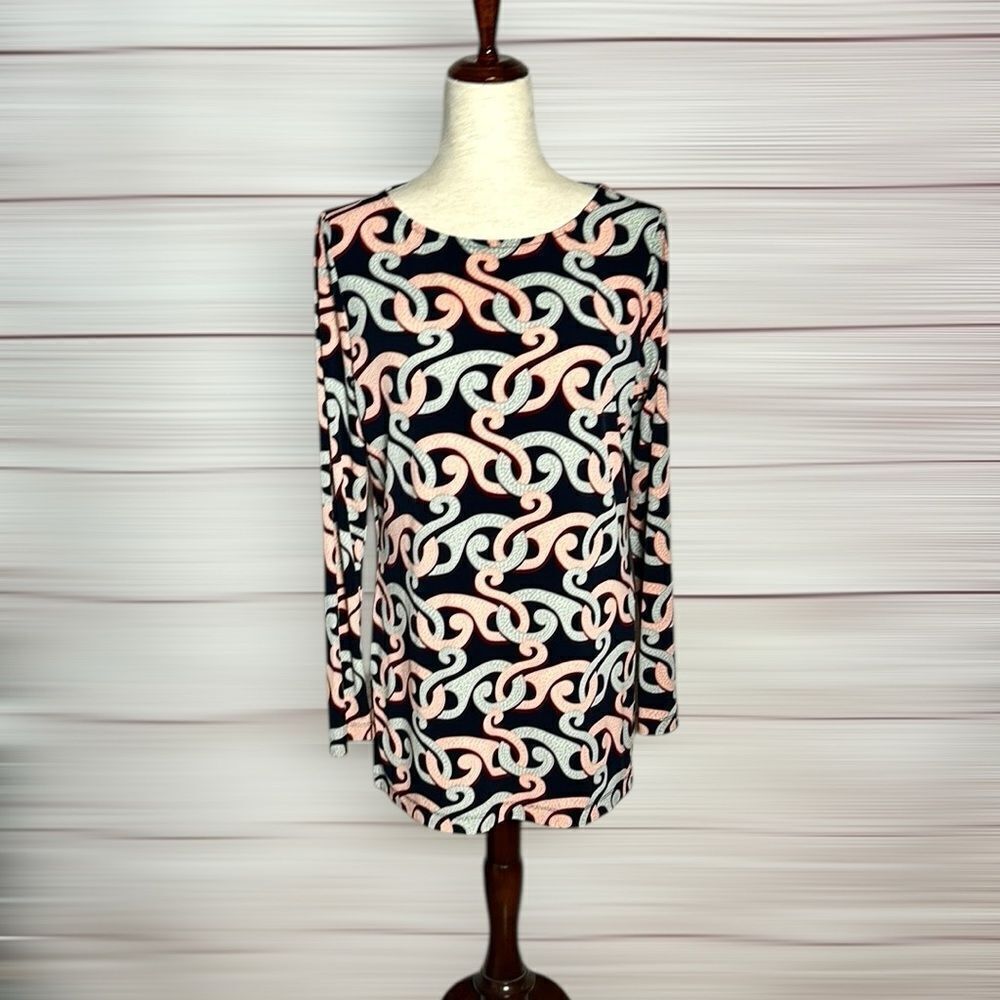 Brooks Brothers Stretch Tunic Top Blouse Abstract Print Black Peach Gray M
